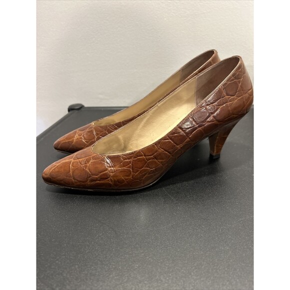 Vintage AMALFI Brown Leather Croco Textured MONICA Heels Womens 9AA Italy-B124 - Picture 4 of 11